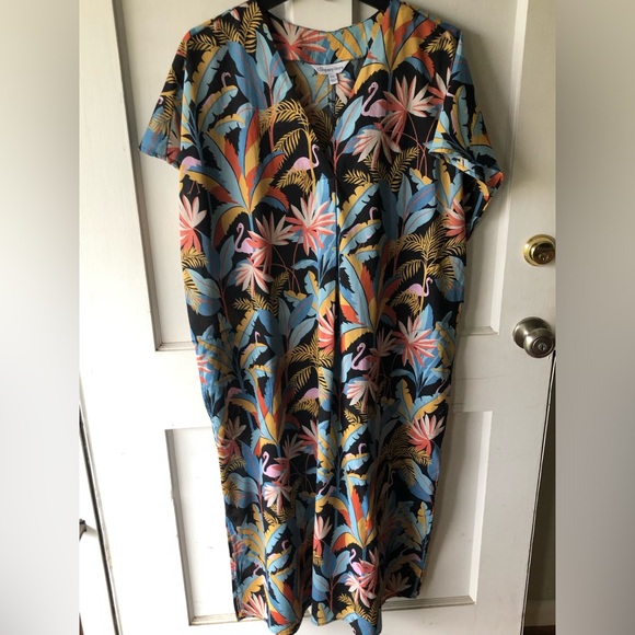Cotton flamingo caftan the company store lightweight dress swim cover nightgown - Picture 2 of 15